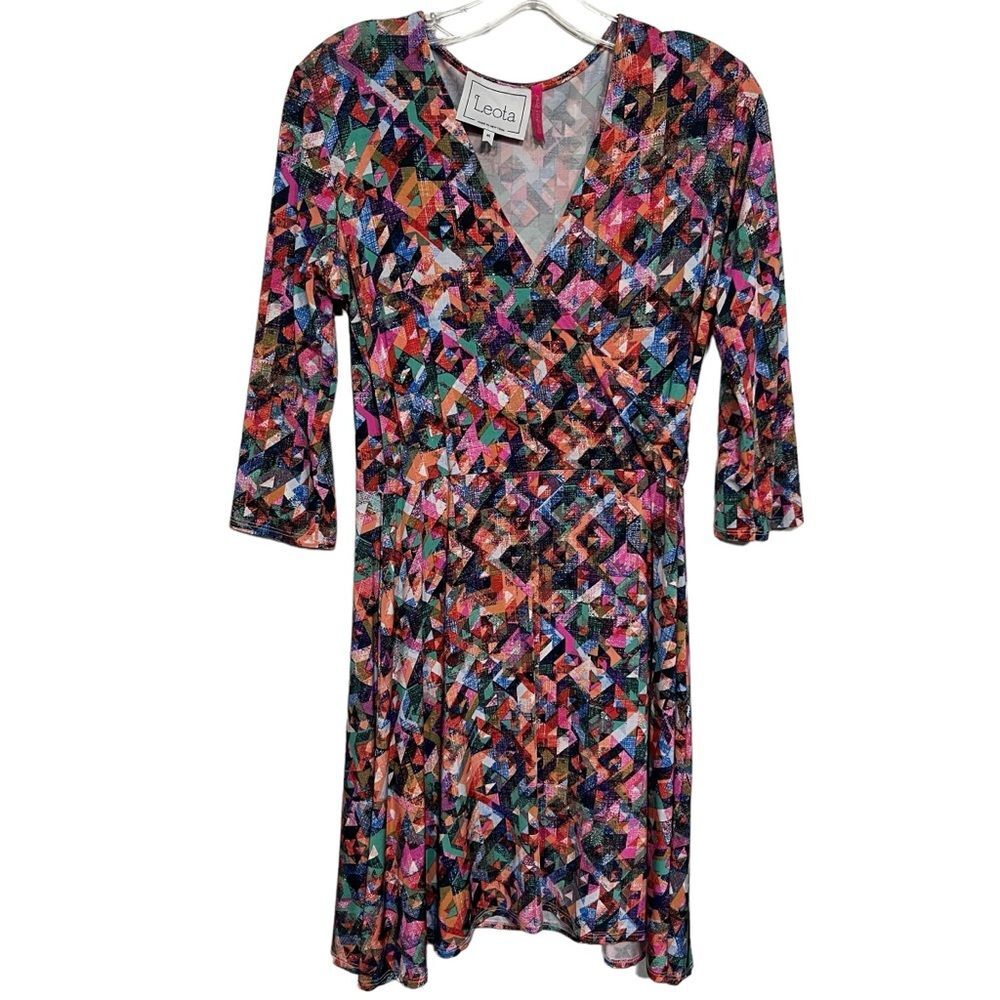 Leota Handmade Colorful Faux-Wrap Abstract Purple/Pink Fit and Flare Midi Dress